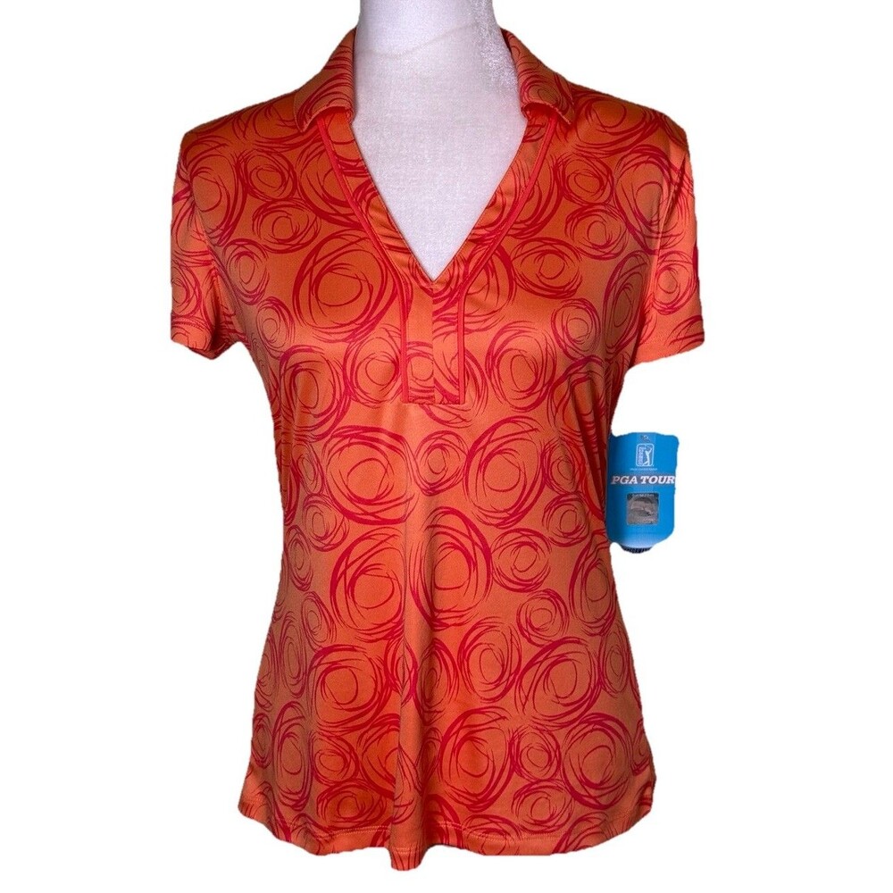 PGA TOUR Women NWT Performance Golf Polo Shirt Coral Orange Swirl Print V Neck M
